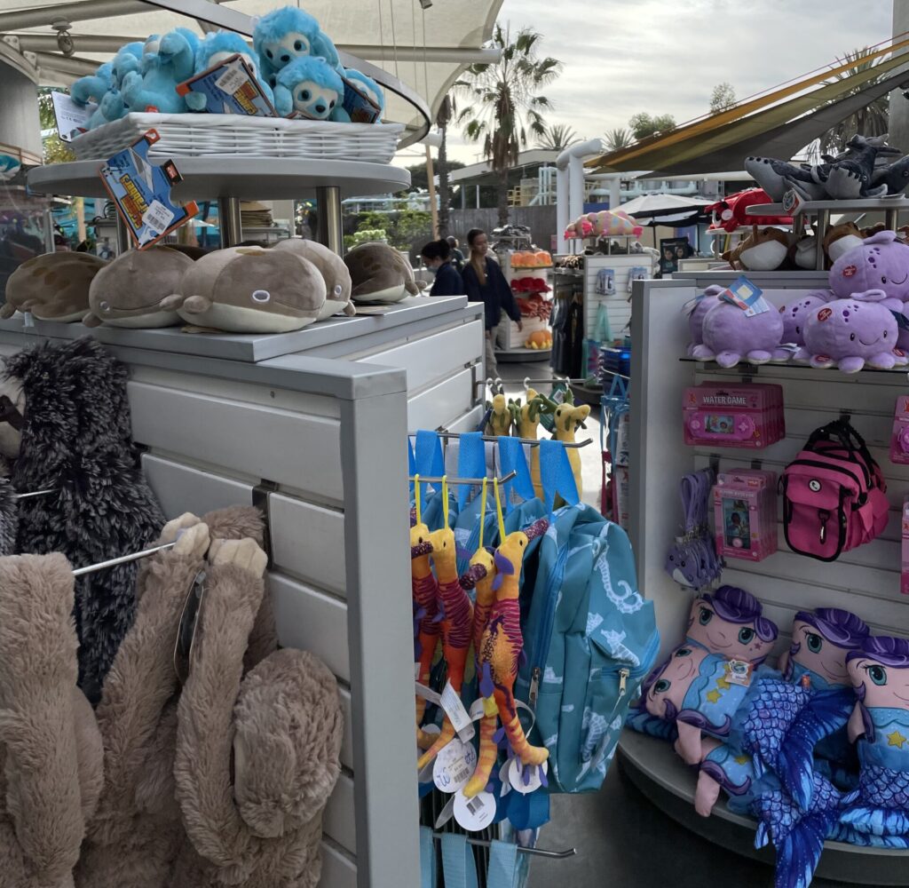 Plush toys at gift store, autistic accessible traveling